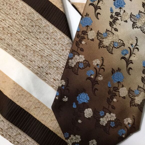 2 Vintage Men’s Neck Ties Retro Business Office Casual Tan Stripe & Brown Floral - Picture 10 of 11